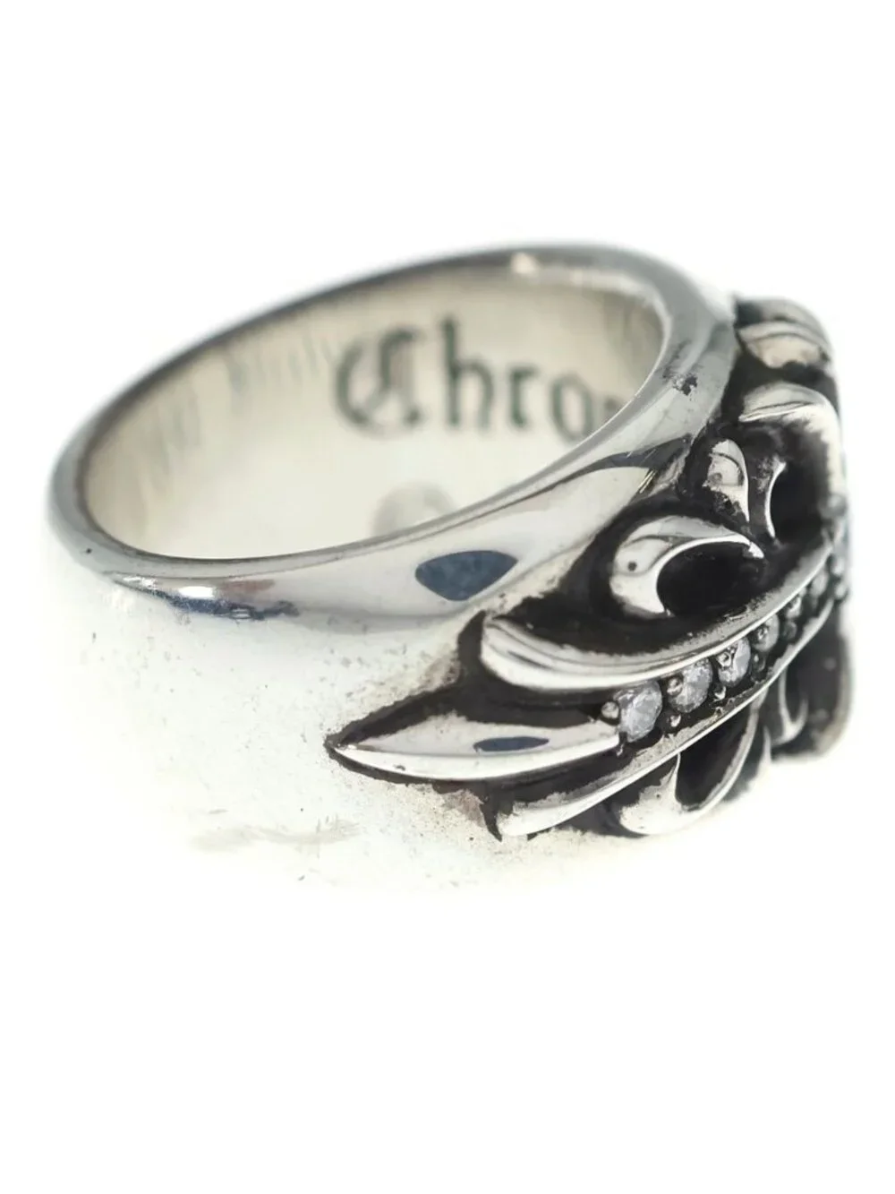 Chrome Hearts Flrl Crs P Dmnd Floral Black Sling Pave Diamond Silver Ring